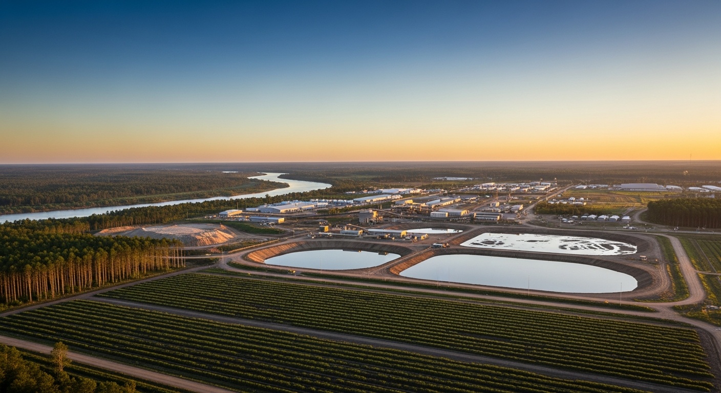 Aerial view of a responsible mining operation at golden hour — illustrating CMSI governance