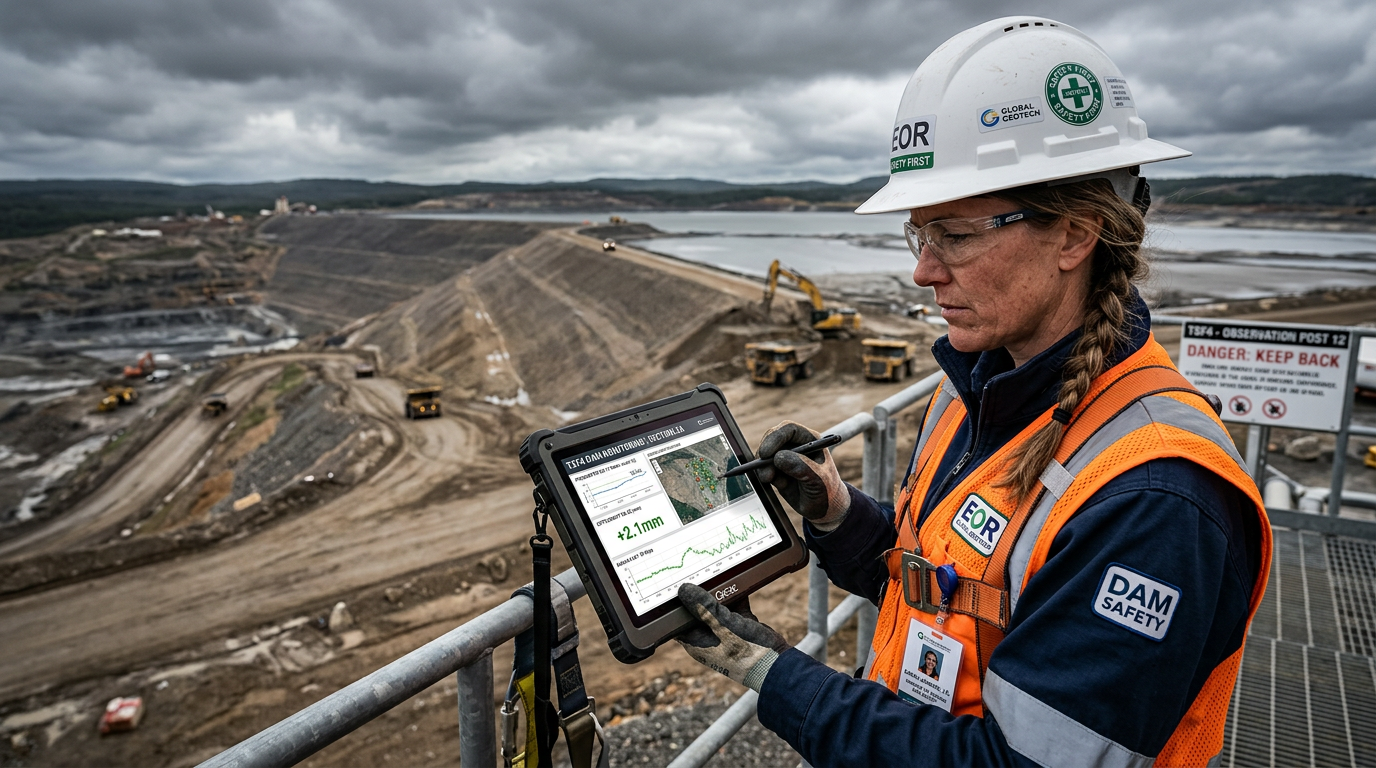 Engineer of Record reviewing monitoring data at a tailings dam