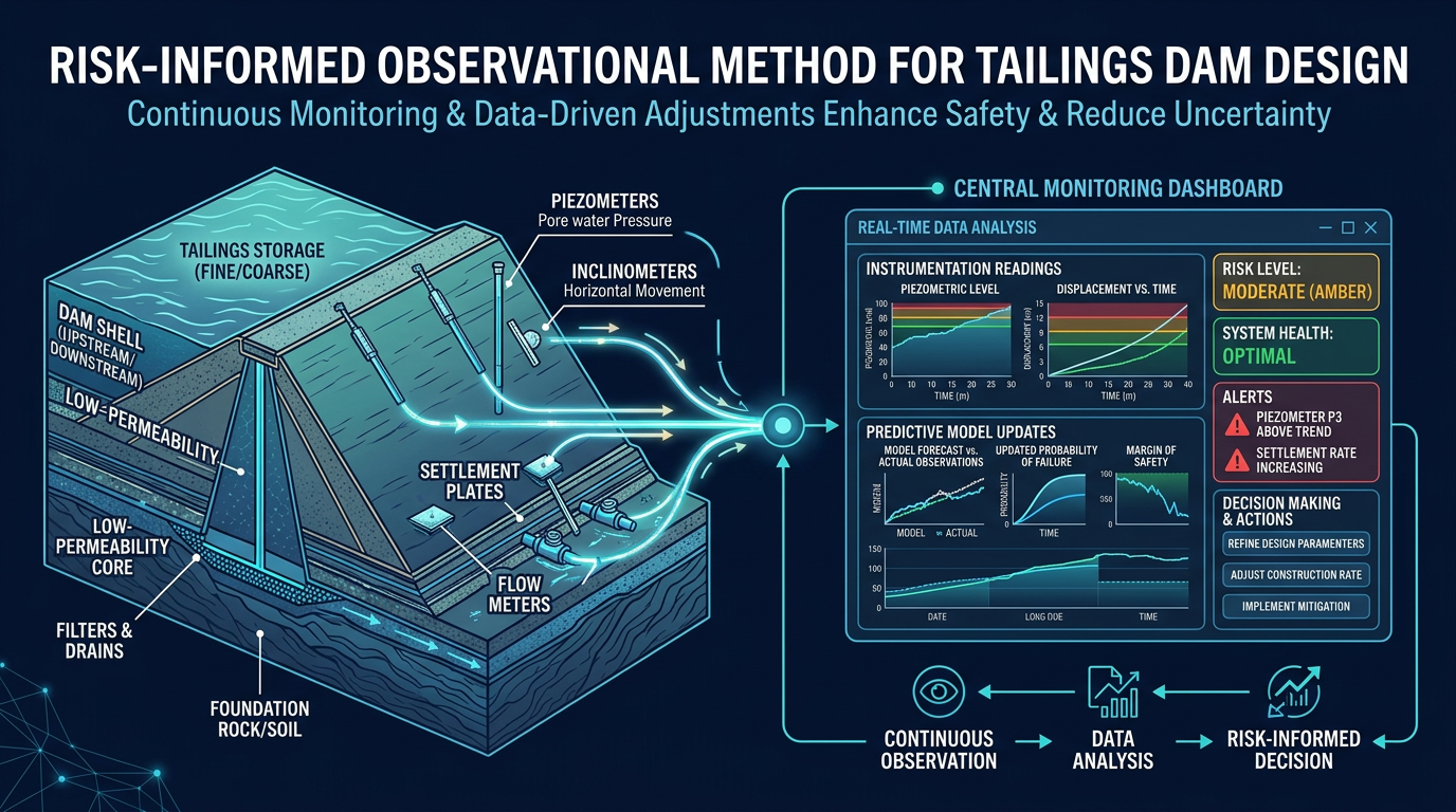 Cross-section of an earth dam with instrumentation linked to a monitoring dashboard